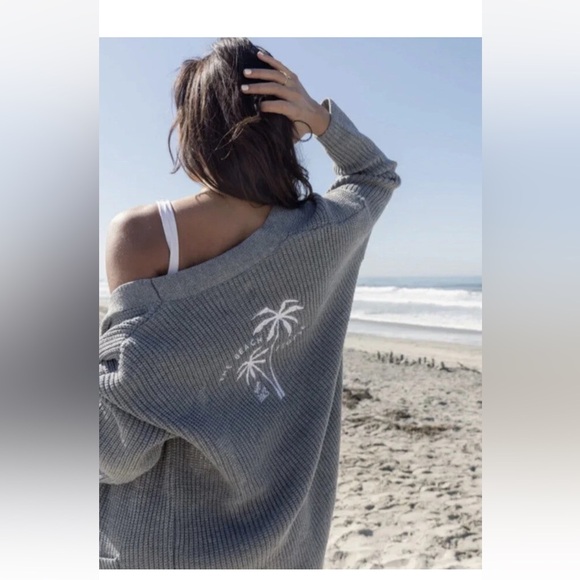 The Beach People Palm Tree Gray Open Front Cardigan Sweater XS/S - Picture 1 of 7